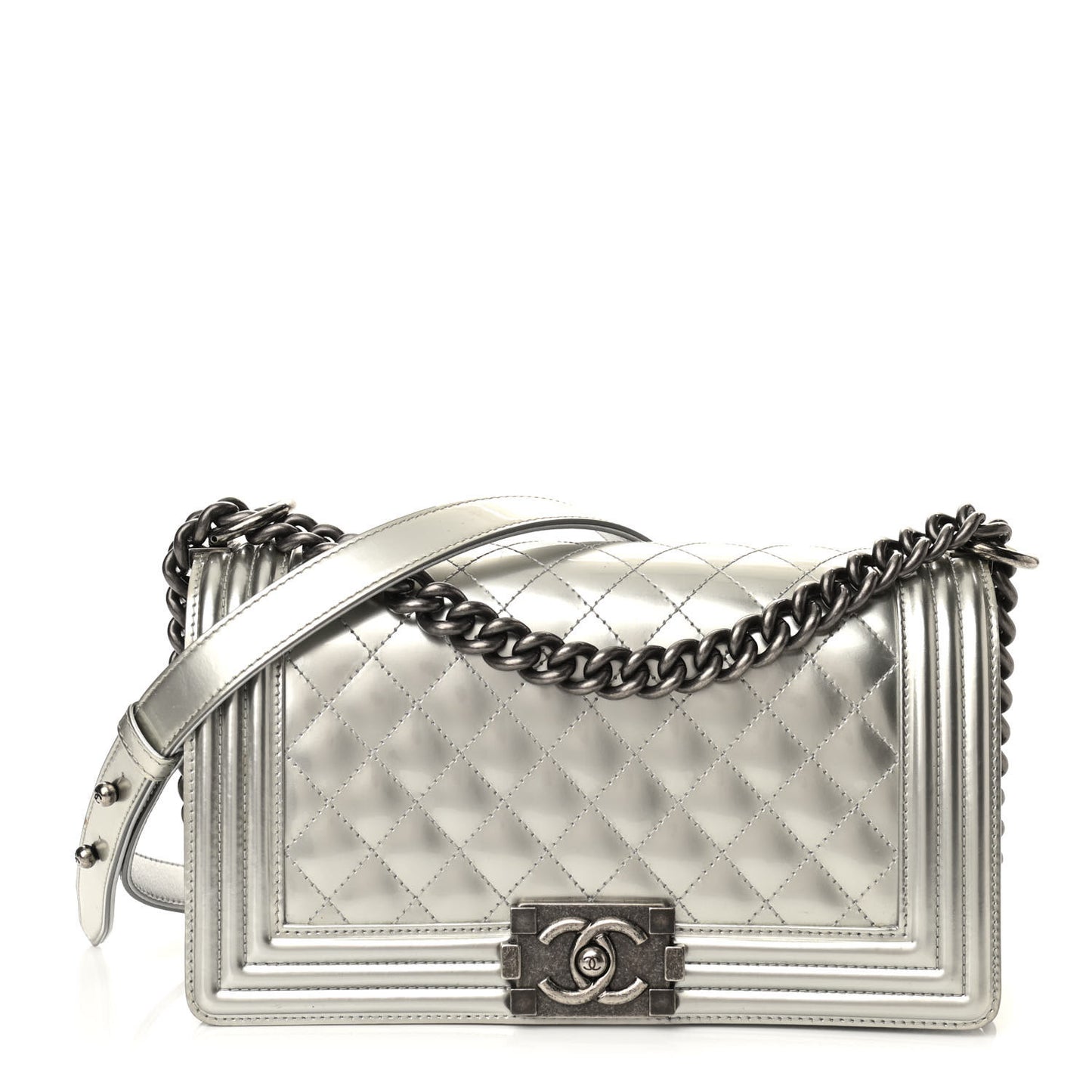 Metallic Patent Calfskin Quilted Medium Boy Flap Silver