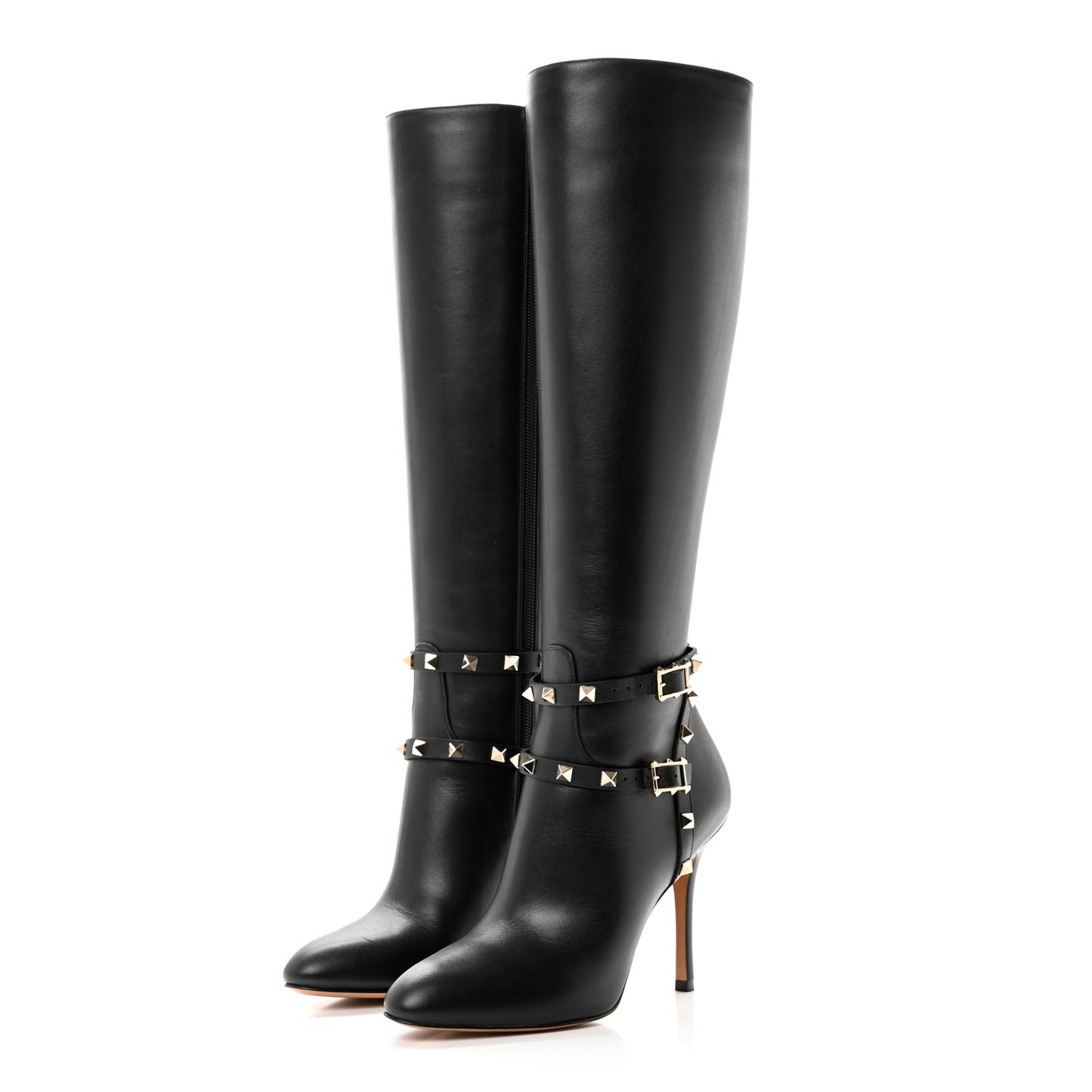 Calfskin Rockstud Knee High 100mm Boots 37 Black