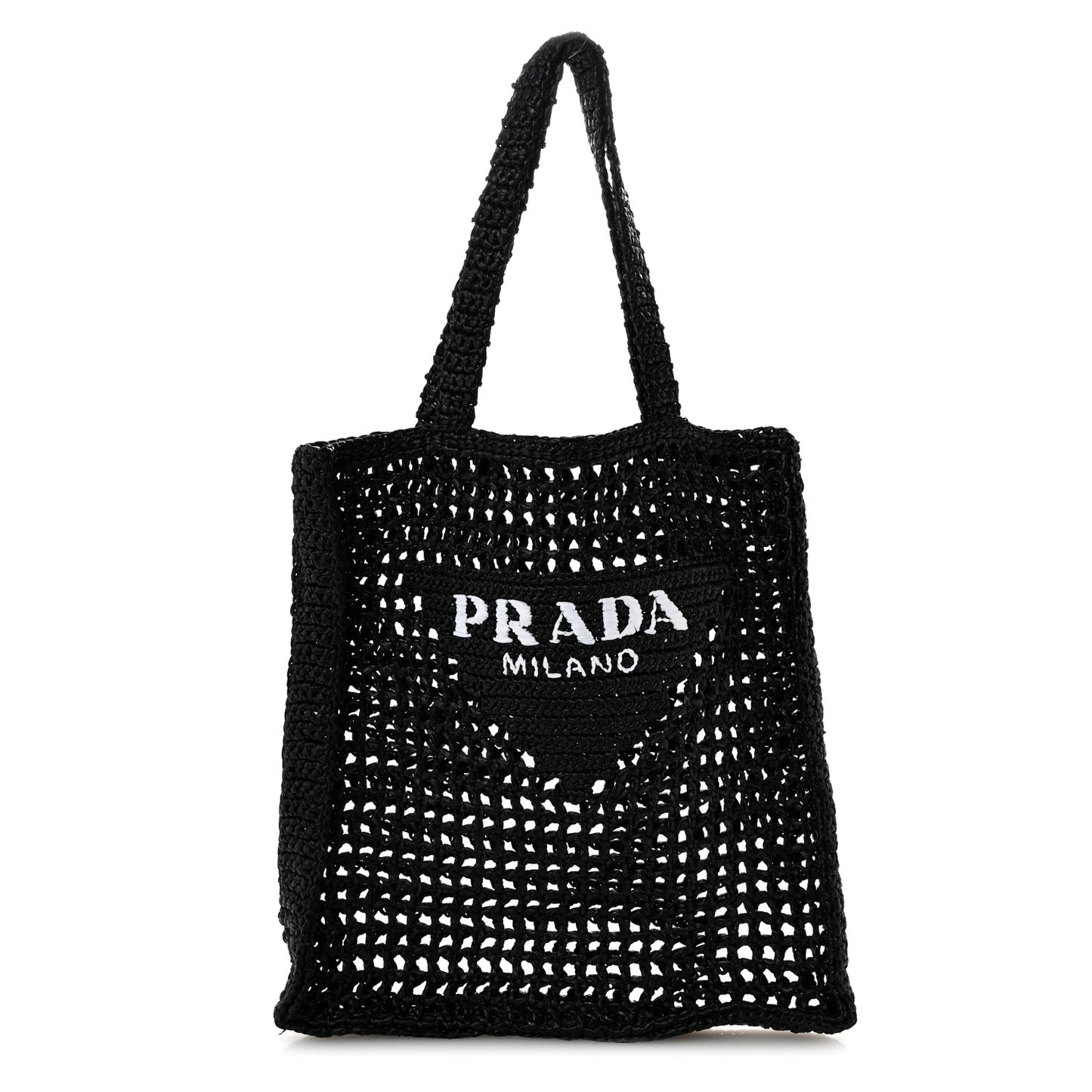 Yarn Raffia Effect Crochet Logo Embroidered Tote Bag Black