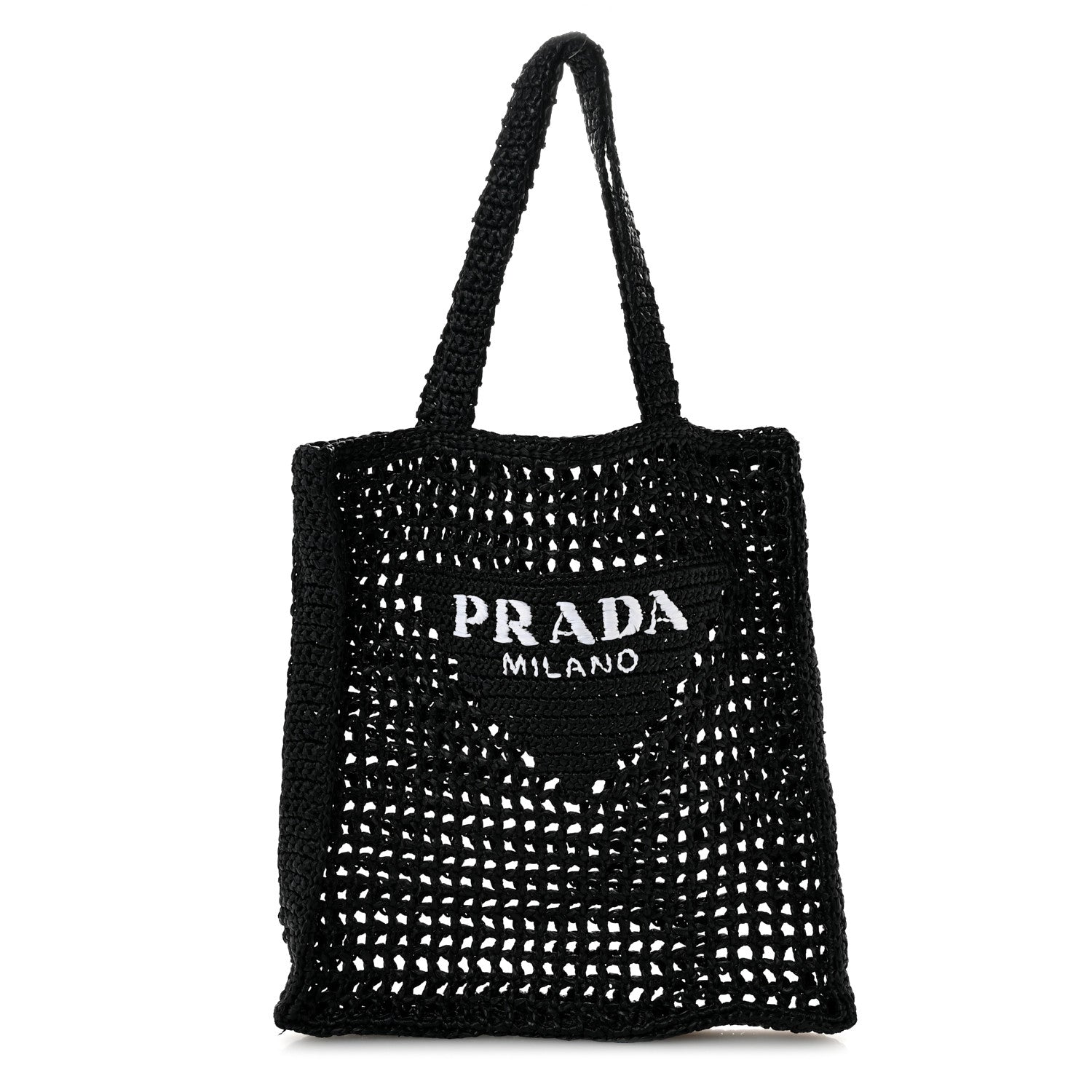 Prada Yarn Raffia Effect Crochet Logo Embroidered Tote Bag Black 1 of 10