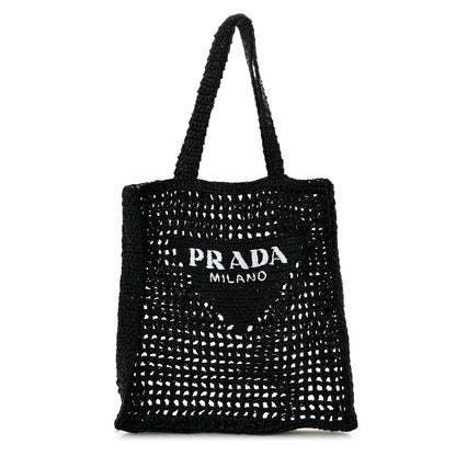 Prada Yarn Raffia Effect Crochet Logo Embroidered Tote Bag Black 1 of 10