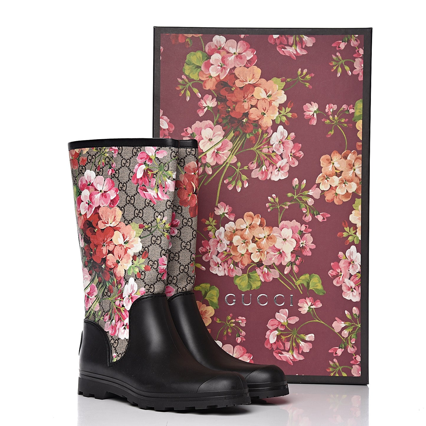 GG Supreme Monogram Blooms Flat Rubber Boots 40 Beige Multicolor