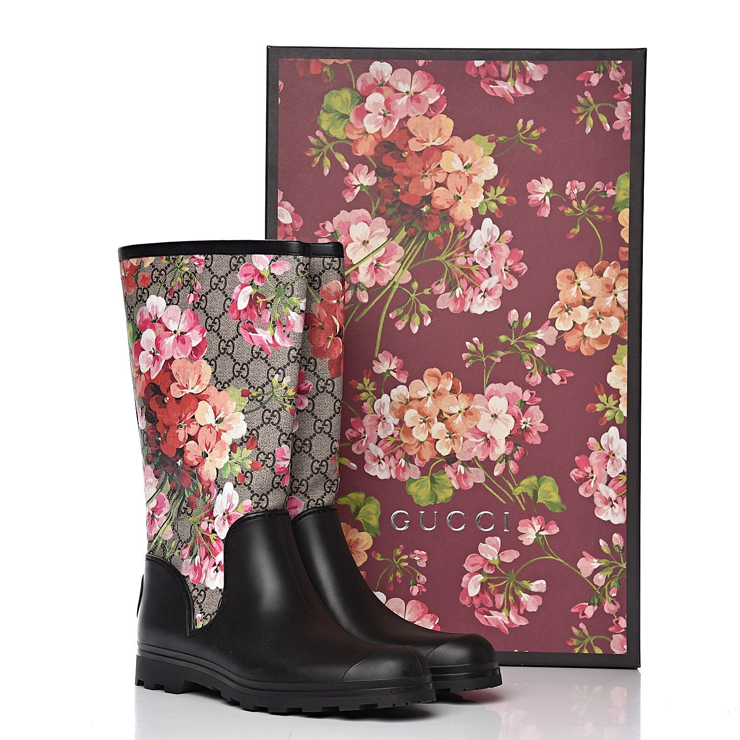 Gucci GG Supreme Monogram Blooms Flat Rubber Boots 40 Beige Multicolor 11 of 11