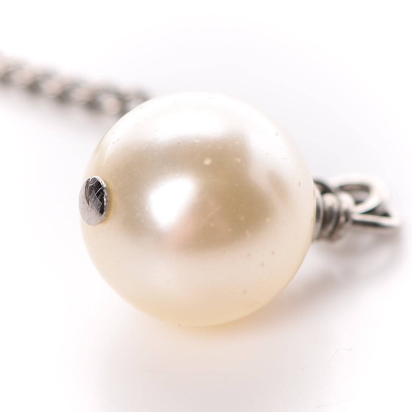 Baguette Crystal Pearl CC Lariat Necklace Silver