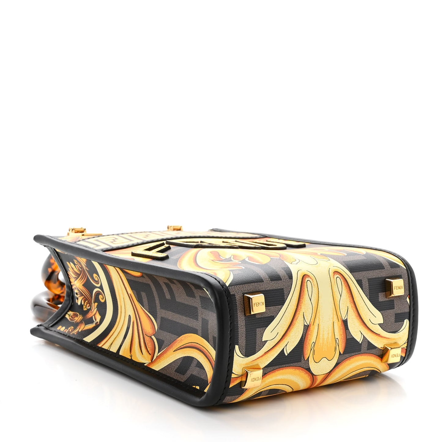 X VERSACE Vitello King Catalan Mirror Plexiglass Fendace FF Baroque Logo Mini Fendi Sunshine Shopper Tote Black Gold