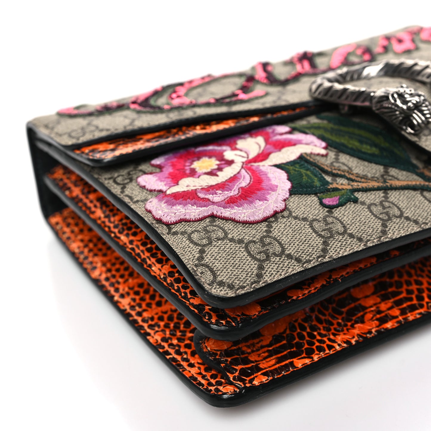 GG Supreme Monogram Snakeskin Elton Embroidered Medium Dionysus Shoulder Bag Beige Orange