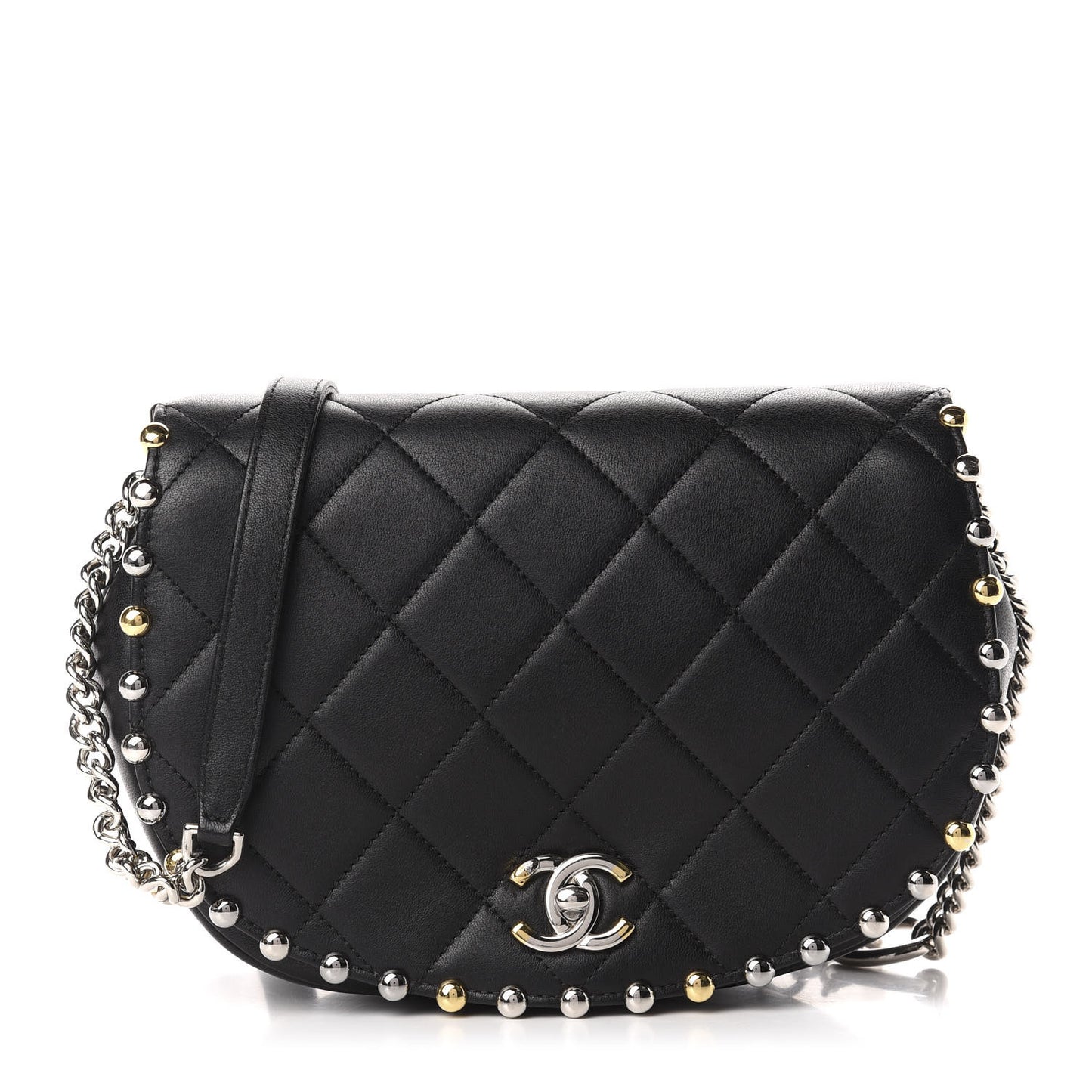 Lambskin Quilted Studded Bubble Flap Black