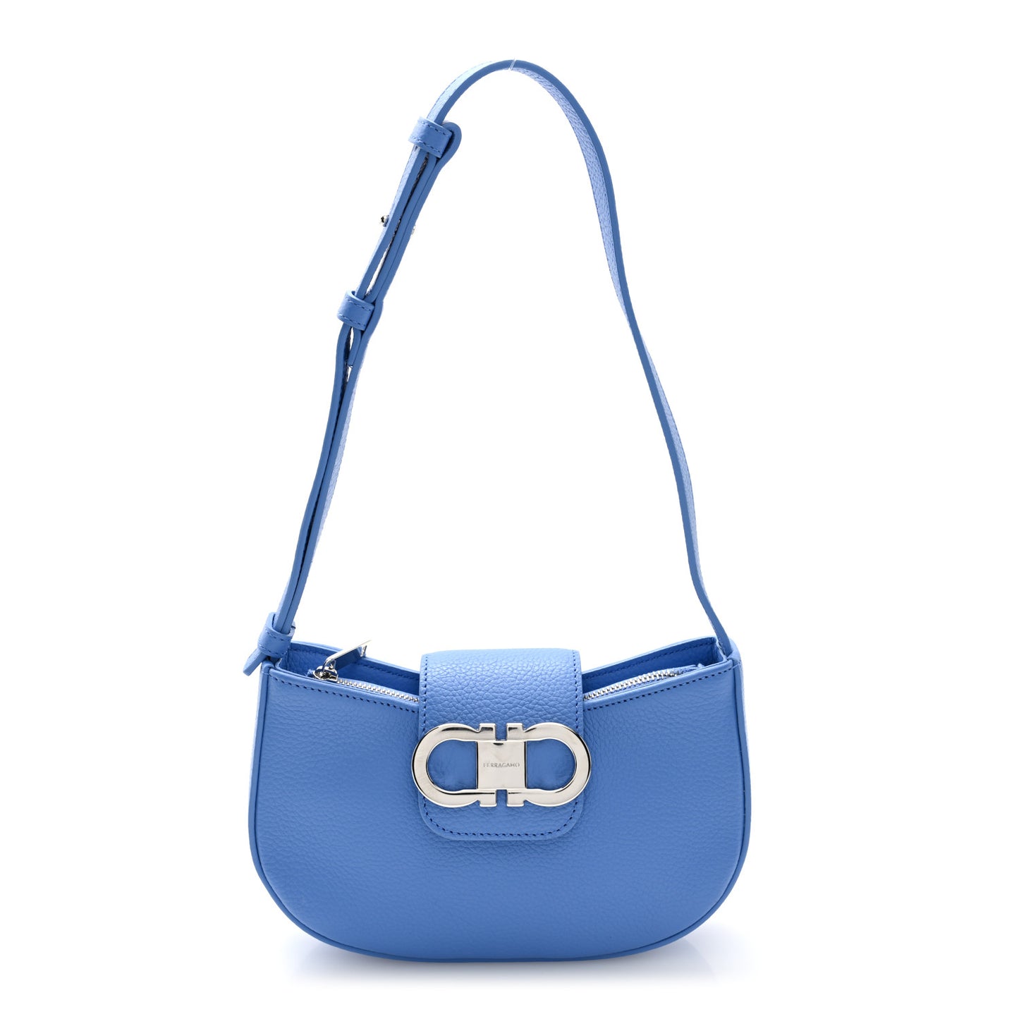 Pebbled Calfskin Mini Double Gancini Shoulder Bag Bluette