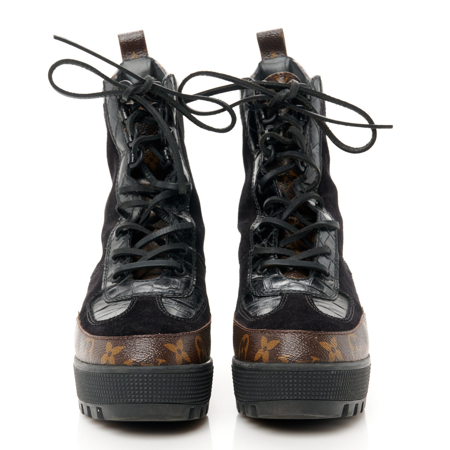 Louis Vuitton Suede Calfskin Crocodile Embossed Patent Monogram Laureate Platform Desert Boots 38 Black 2 of 8