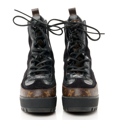 Louis Vuitton Suede Calfskin Crocodile Embossed Patent Monogram Laureate Platform Desert Boots 38 Black 2 of 8