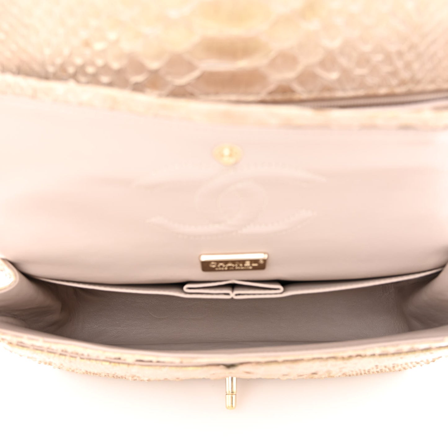 Metallic Snakeskin Medium Double Flap Light Beige