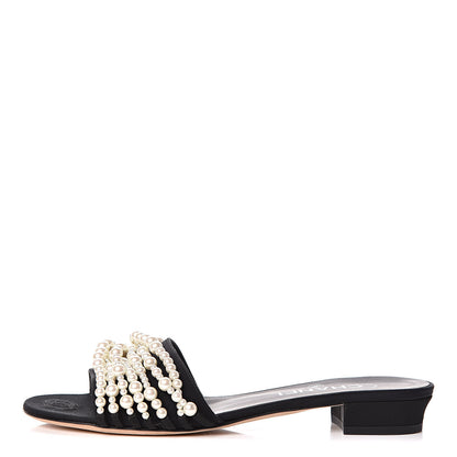 Chanel Felt Pearl Flat Sandals 38 Black 1 of 8