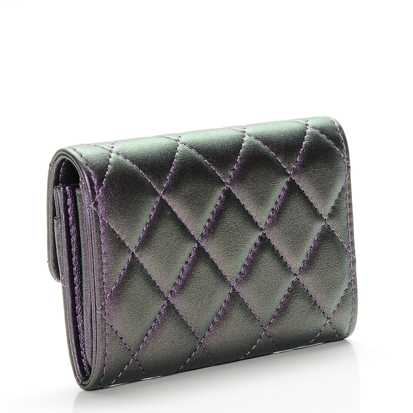 Metallic Lambskin Quilted Flap Card Holder Dark Purple