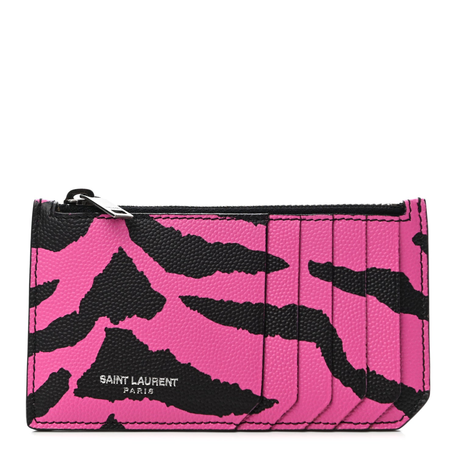 Saint Laurent Grain de Poudre Zebra Print 5 Fragments Zip Pouch Card Holder Fuchsia Black 1 of 8