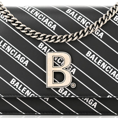 Balenciaga Matte Calfskin Diagonal Allover Logo Print B Wallet on Chain Black White 7 of 9