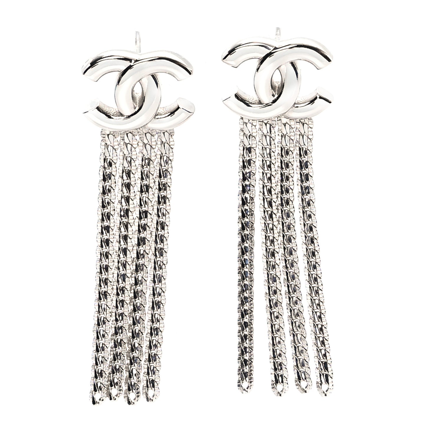 Metal Chain CC Drop Earrings Silver