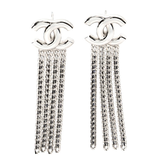 Metal Chain CC Drop Earrings Silver