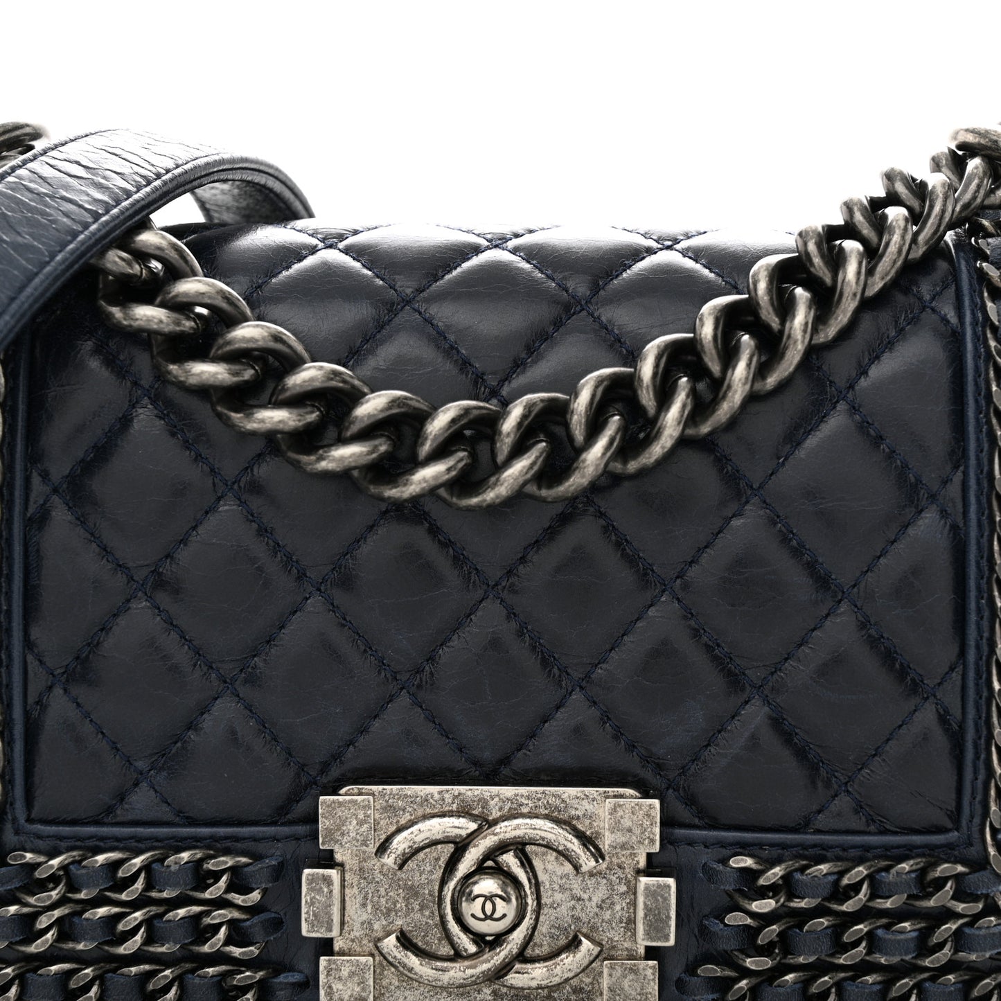 Glazed Calfskin Quilted Small Boy Chained Flap Navy