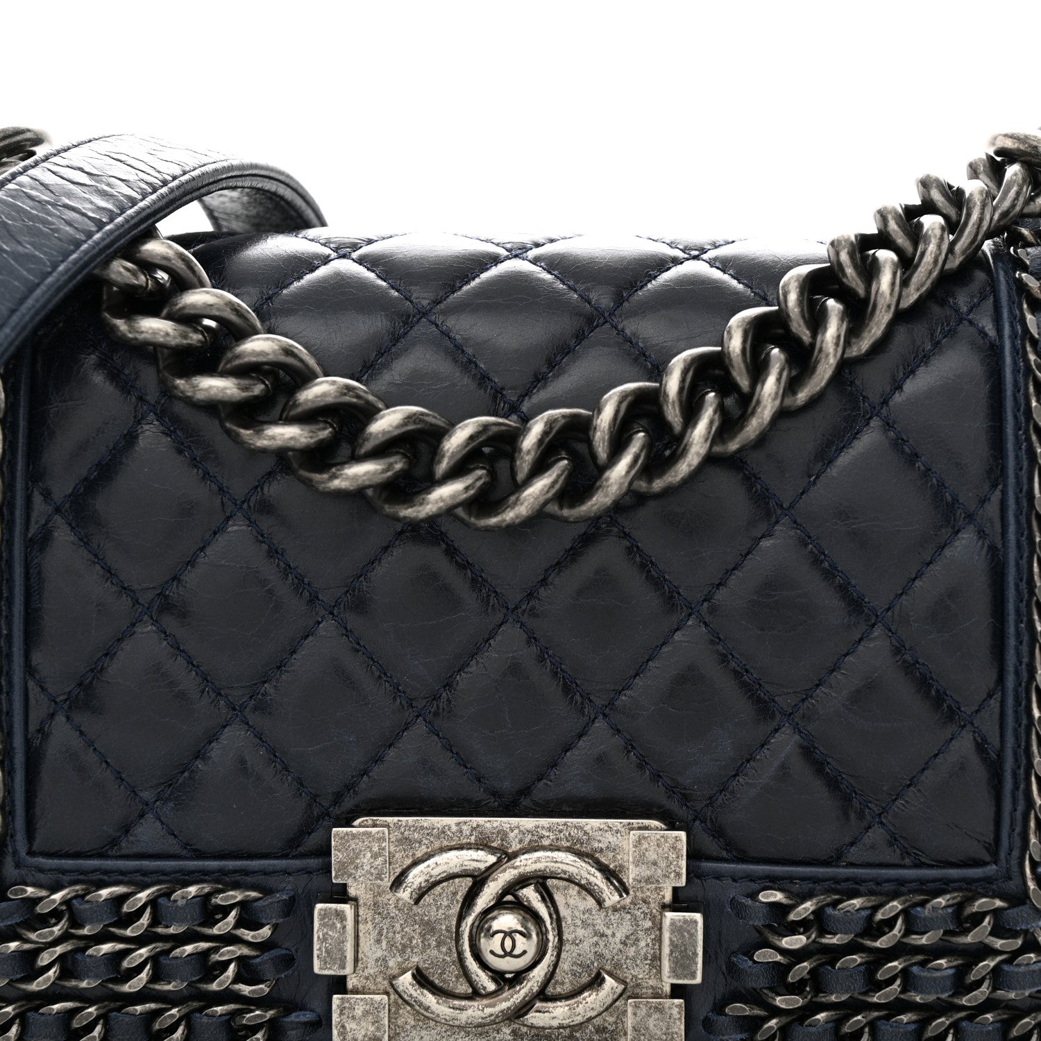 Chanel Glazed Calfskin Quilted Small Boy Chained Flap Navy 8 of 12