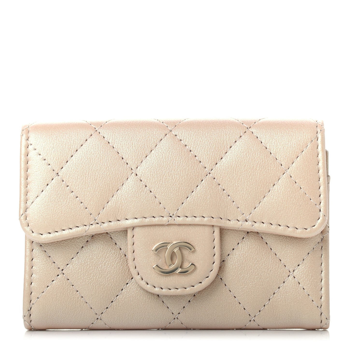 Iridescent Calfskin Quilted Flap Card Holder Wallet Beige