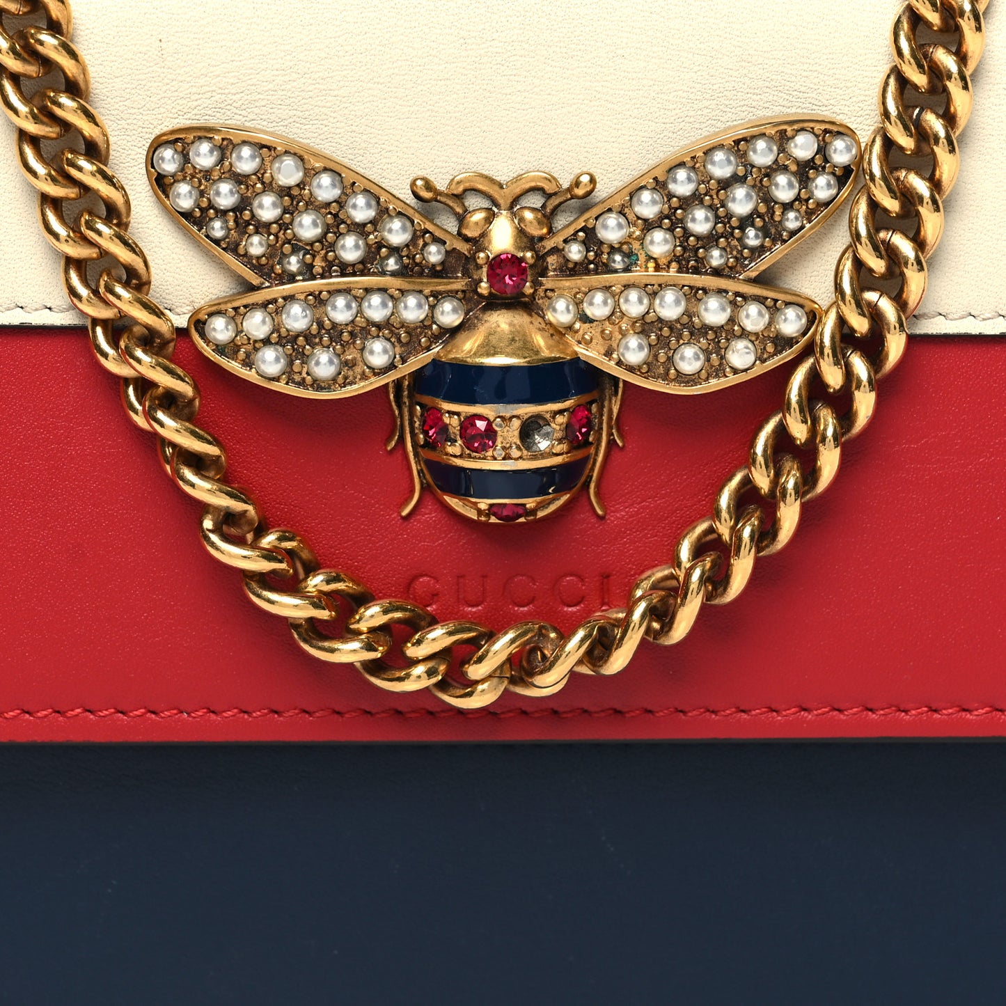 Calfskin Queen Margaret Chain Wallet Blue Agata Hibiscus Red Mystic White