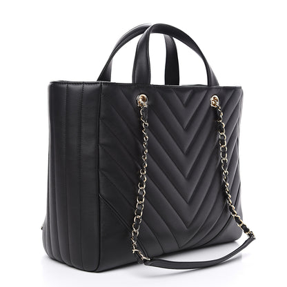 Chanel Calfskin Chevron Quilted Statement Shopping Tote Black 2 of 9