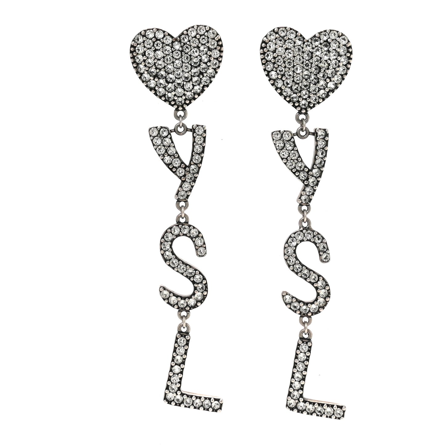 Brass Crystal Monogram Heart Drop Clip Earrings Silver Silver