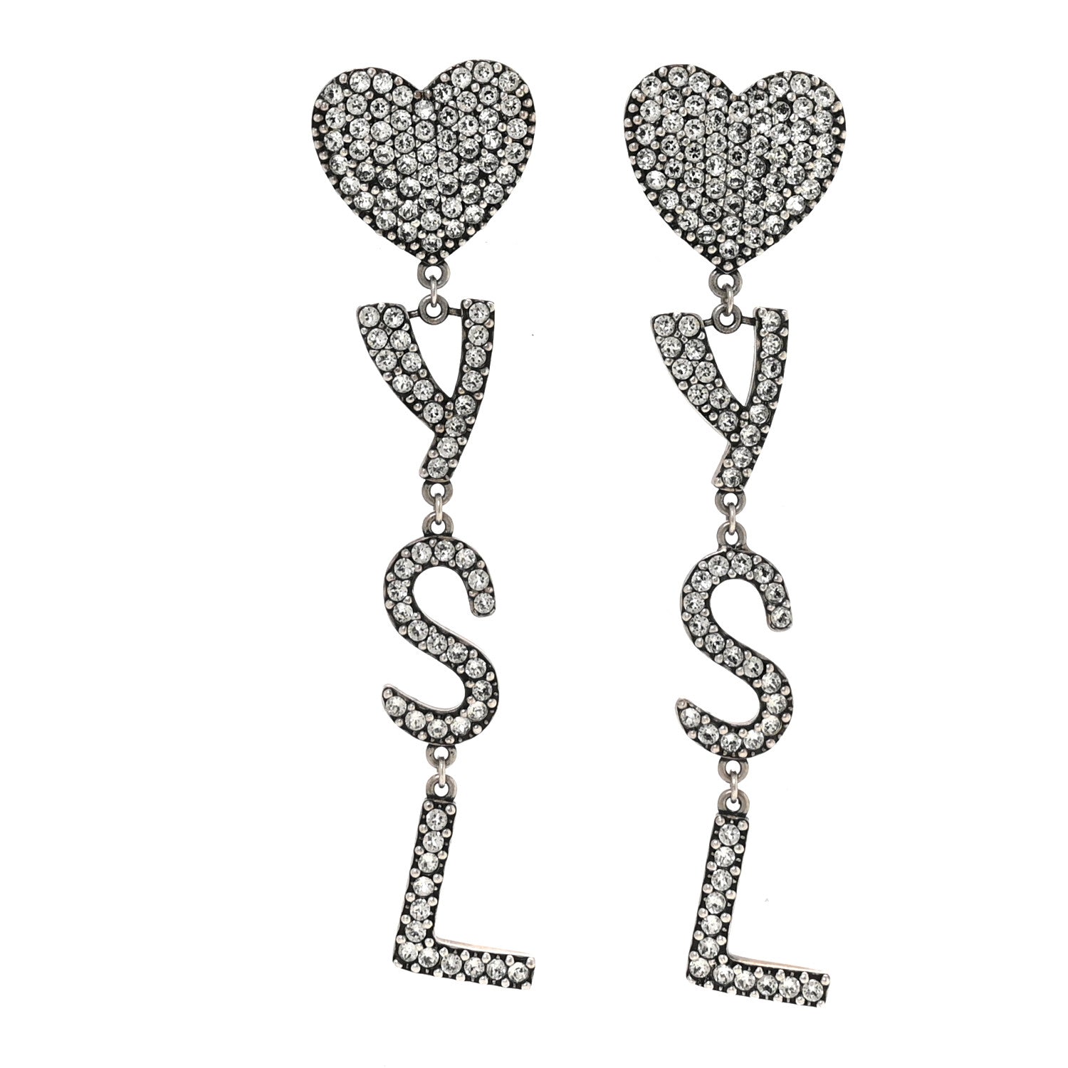 Saint Laurent Brass Crystal Monogram Heart Drop Clip Earrings Silver Silver 1 of 5