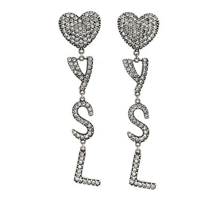 Saint Laurent Brass Crystal Monogram Heart Drop Clip Earrings Silver Silver 1 of 5