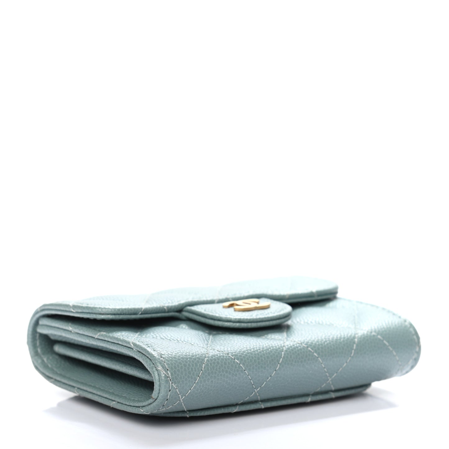 Iridescent Caviar Quilted Flap Card Holder Wallet Light Blue