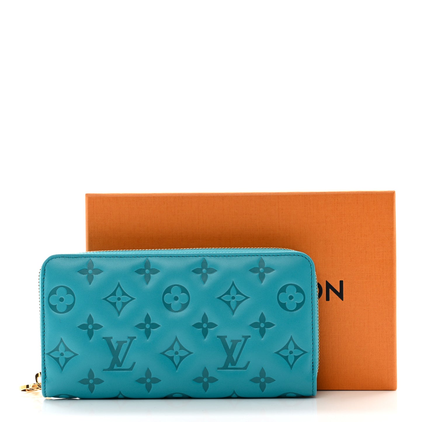 Lambskin Embossed Monogram Coussin Zippy Wallet Turquoise