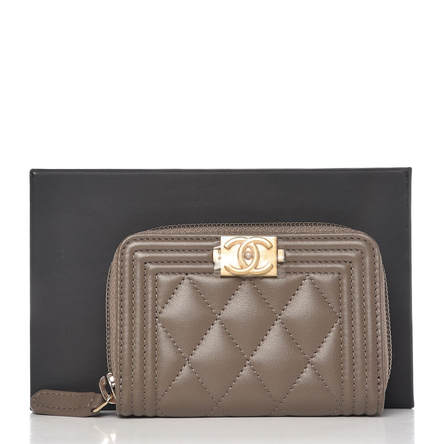 Calfskin Quilted Boy Zip Around Coin Purse Wallet Khaki