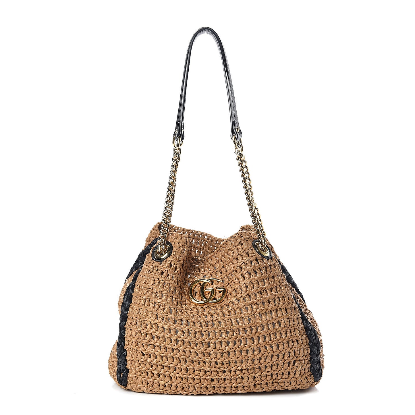 Raffia Effect Medium GG Marmont Shoulder Tote Bag Natural Black