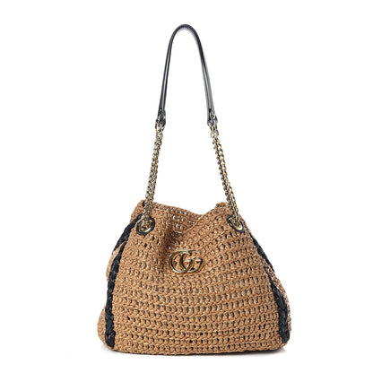 Gucci Raffia Effect Medium GG Marmont Shoulder Tote Bag Natural Black 1 of 8