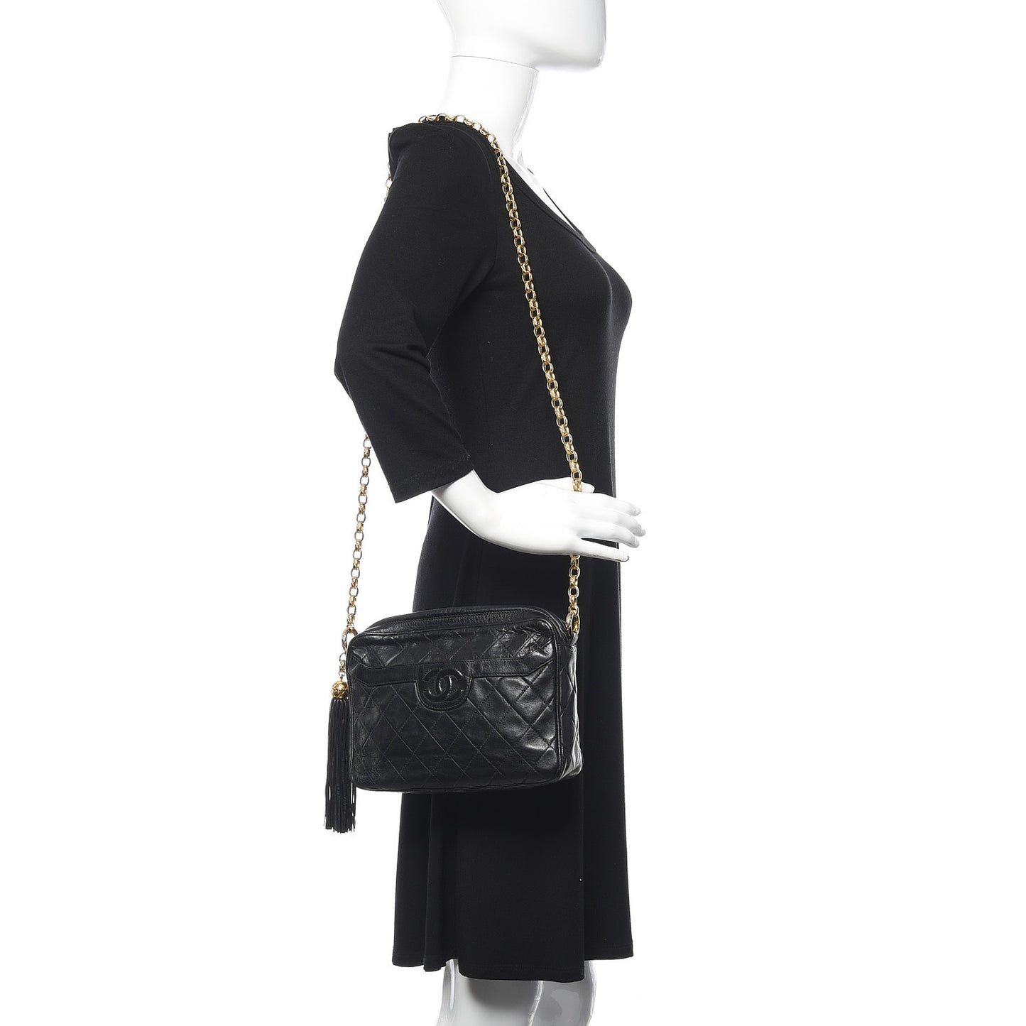 Lambskin Quilted CC Tassel Camera Case Black