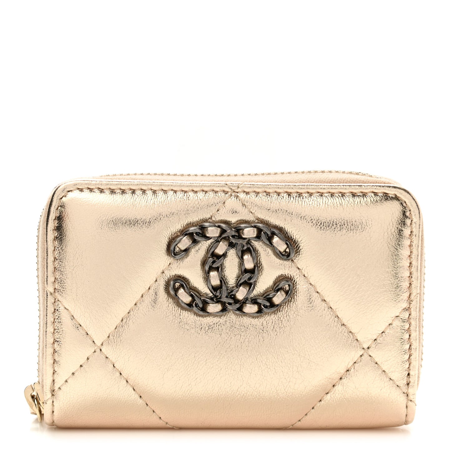 Metallic Lambskin Quilted Chanel 19 Zip Around Coin Purse Wallet Gold