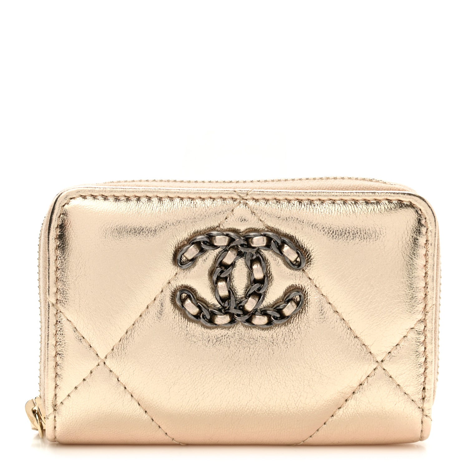 Chanel Metallic Lambskin Quilted Chanel 19 Zip Around Coin Purse Wallet Gold 1 of 7
