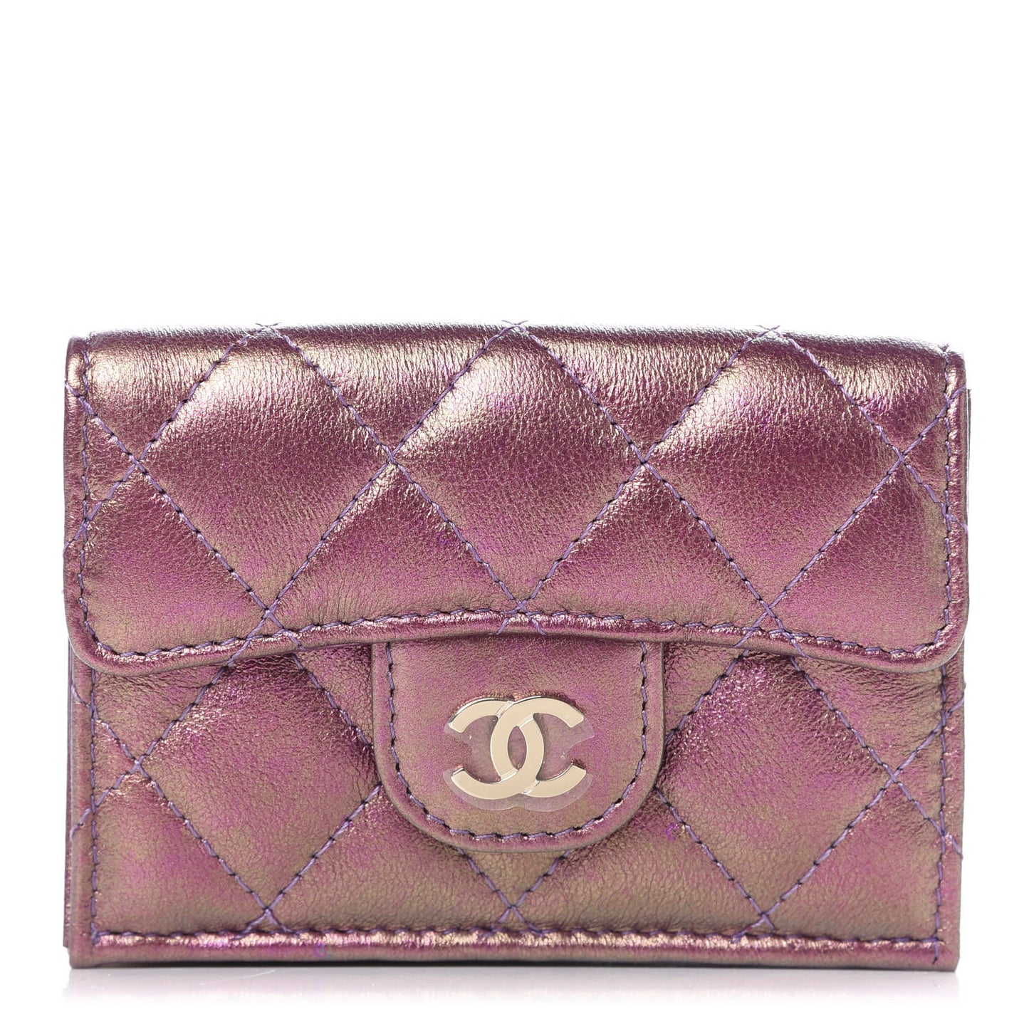 Iridescent Lambskin Small Quilted Flap Wallet Purple