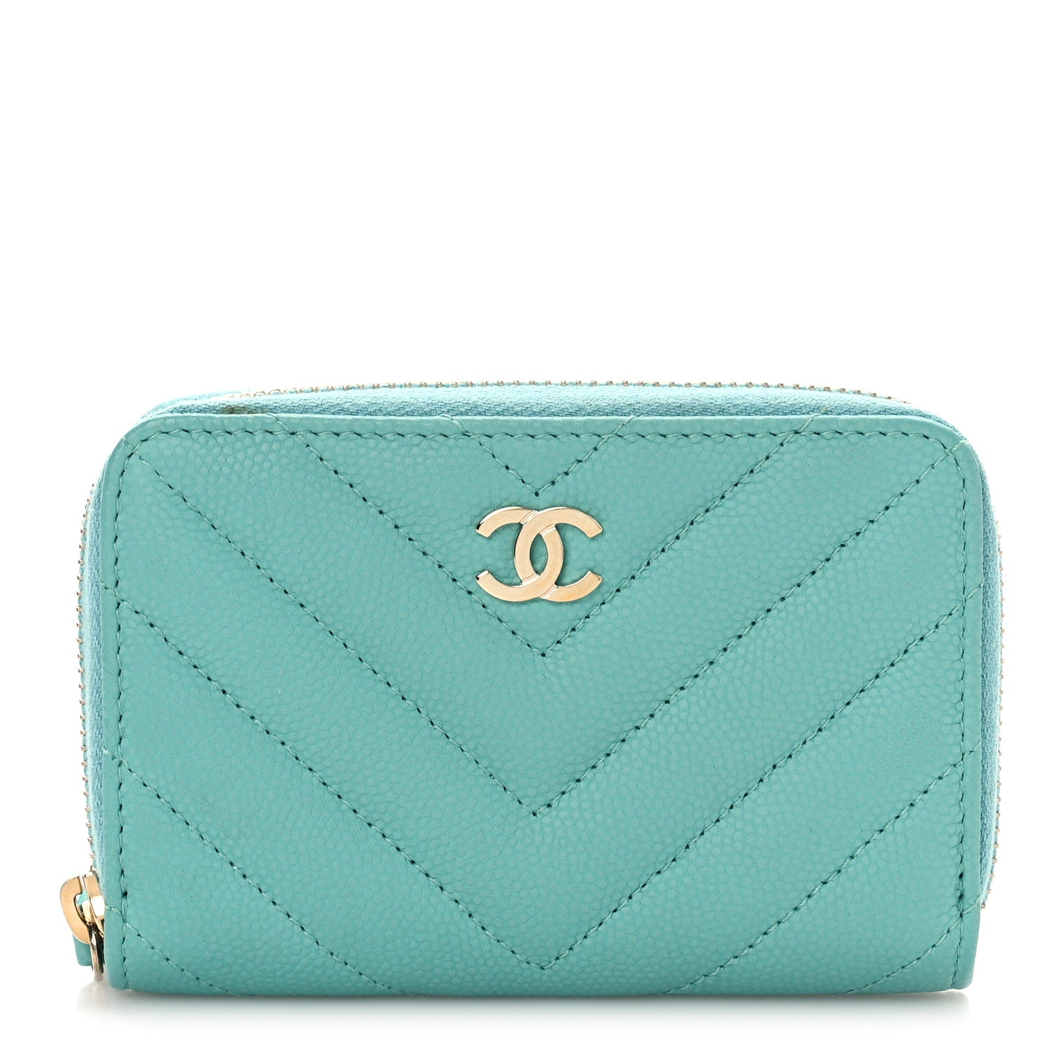 Chanel Caviar Flat Chevron Quilted Zip Coin Purse Green 1 of 10