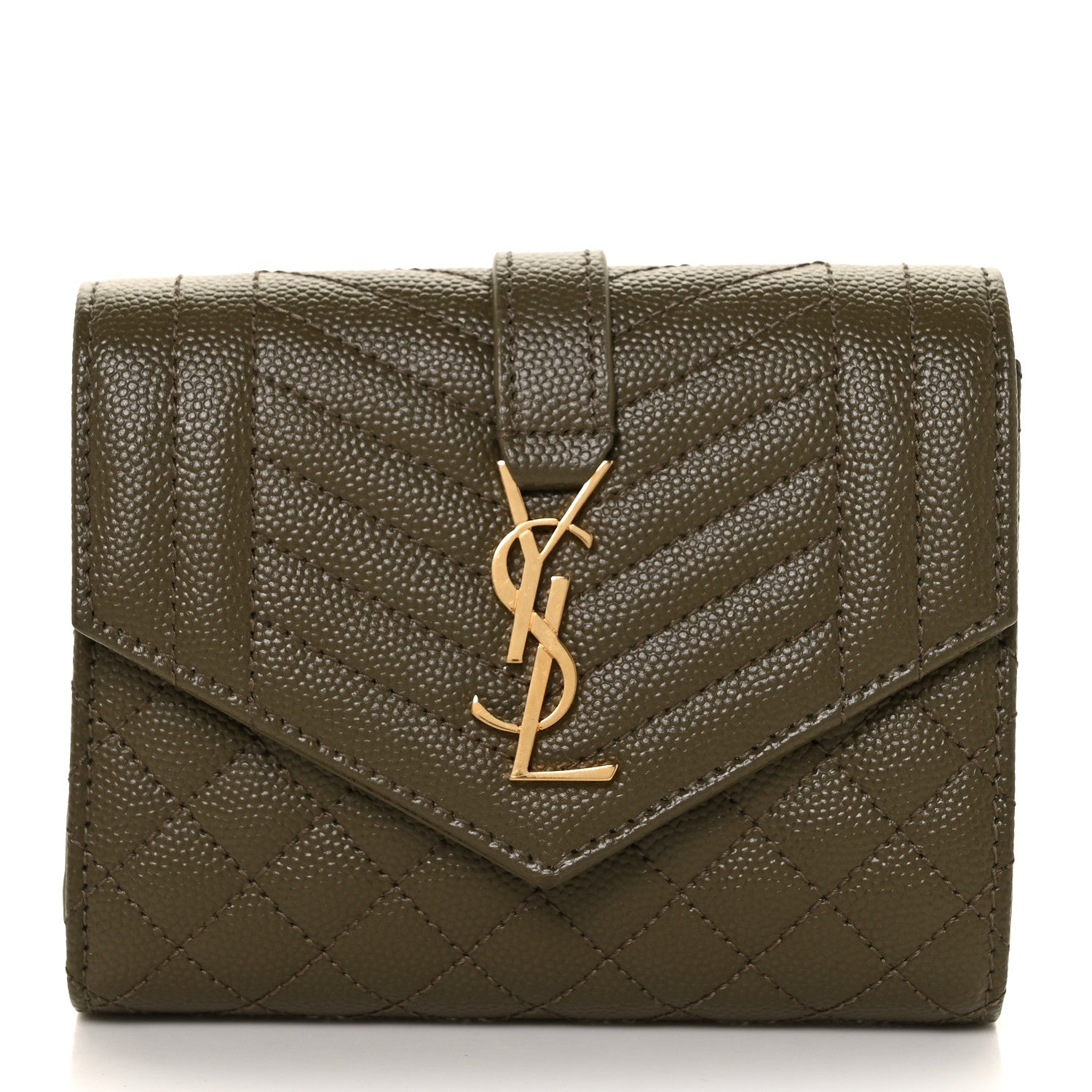 Saint Laurent Grain De Poudre Mixed Matelasse Triquilt Monogram Compact Tri Fold Wallet Military Olive 1 of 9
