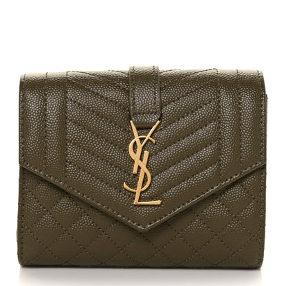 Saint Laurent Grain De Poudre Mixed Matelasse Triquilt Monogram Compact Tri Fold Wallet Military Olive 1 of 9