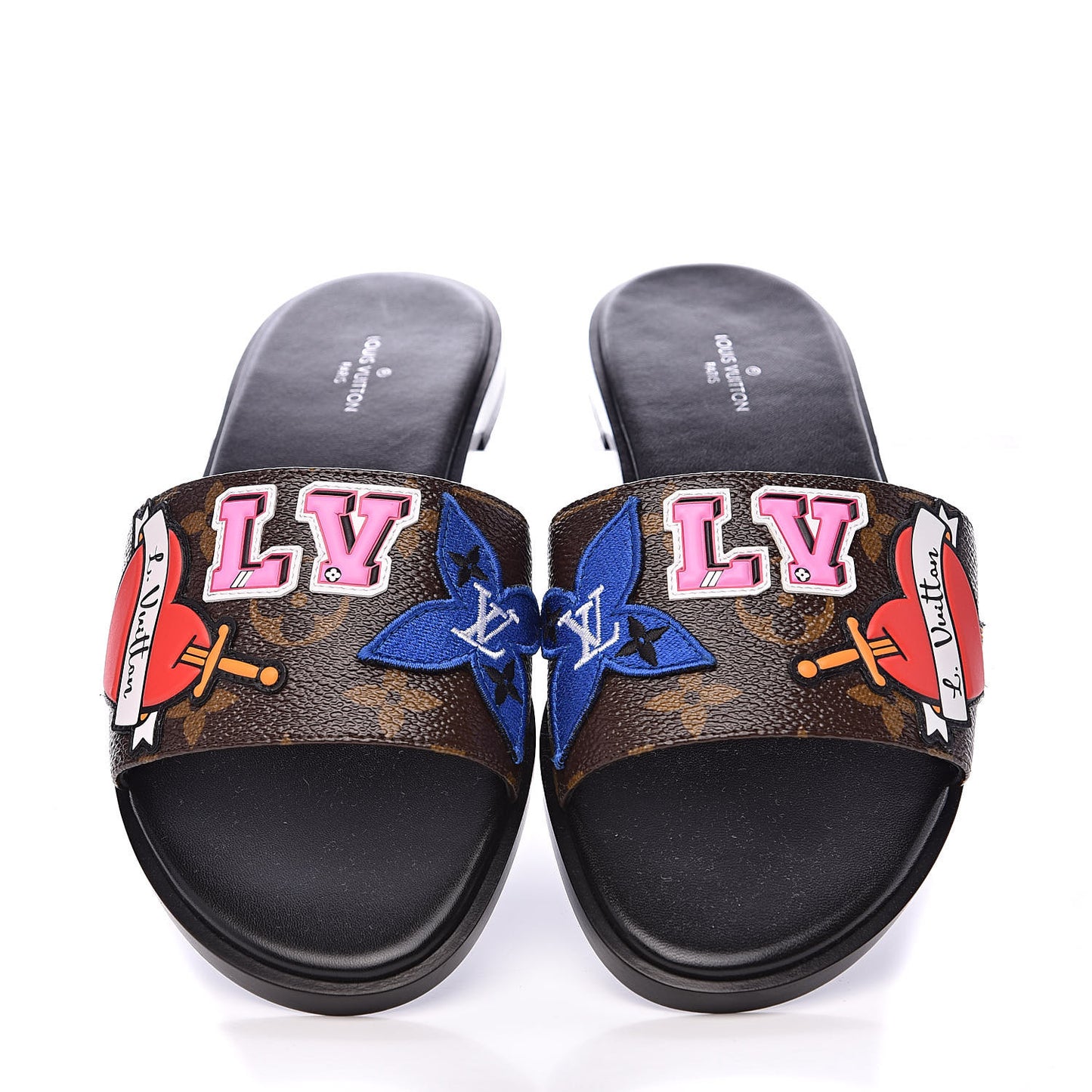 Patent Calfskin Monogram LV Black Heart Flat Mules 36 Cacao