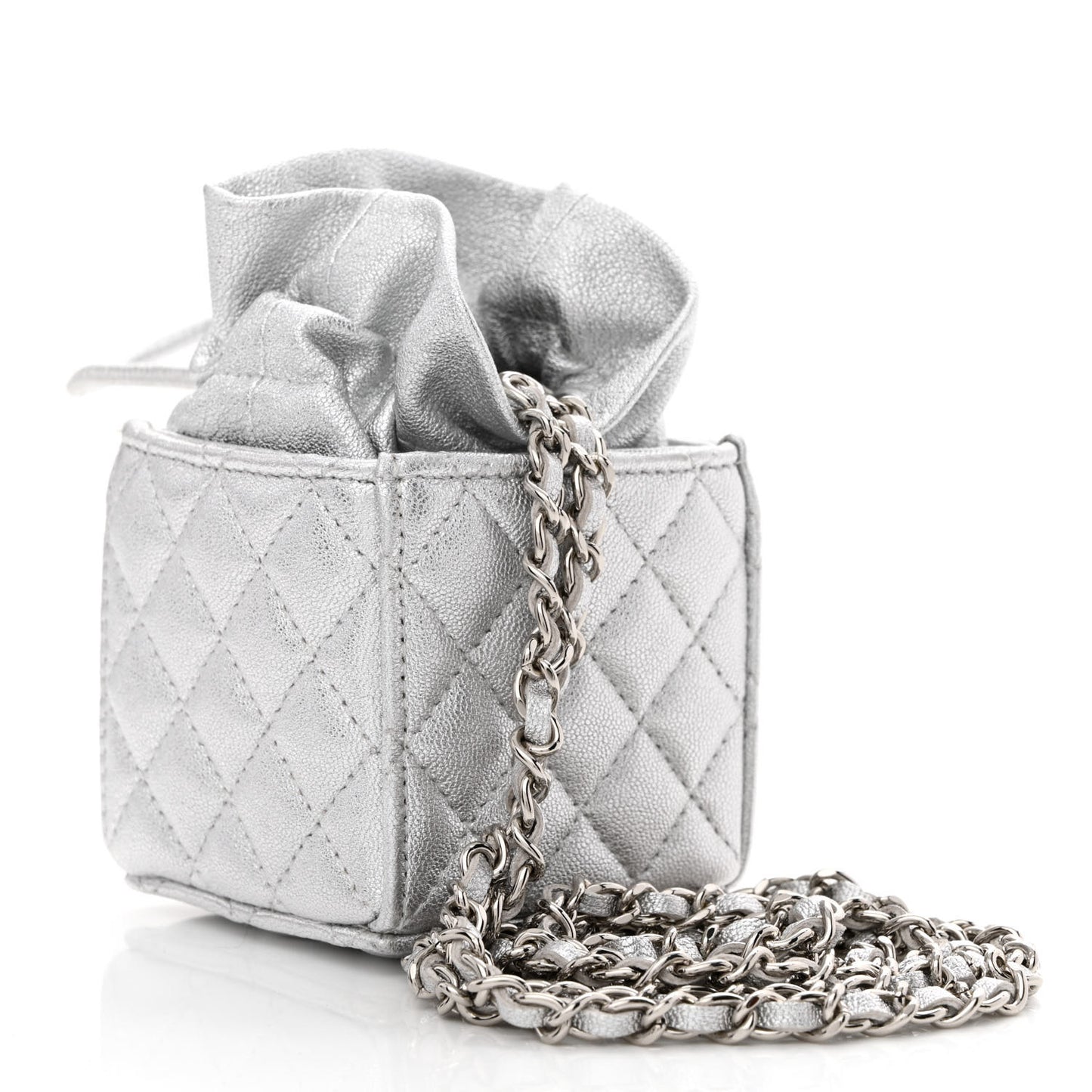 Metallic Caviar Quilted Mini Drawstring Bucket Bag Silver