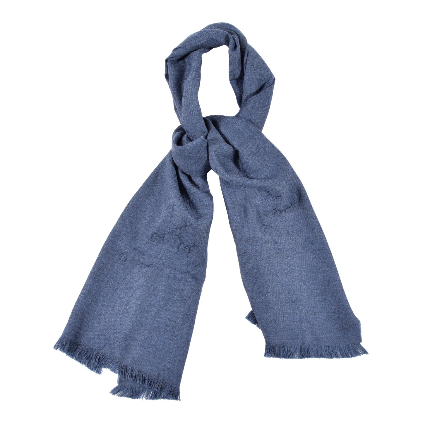 Wool Silk Monogram Fringe Scarf Light Blue