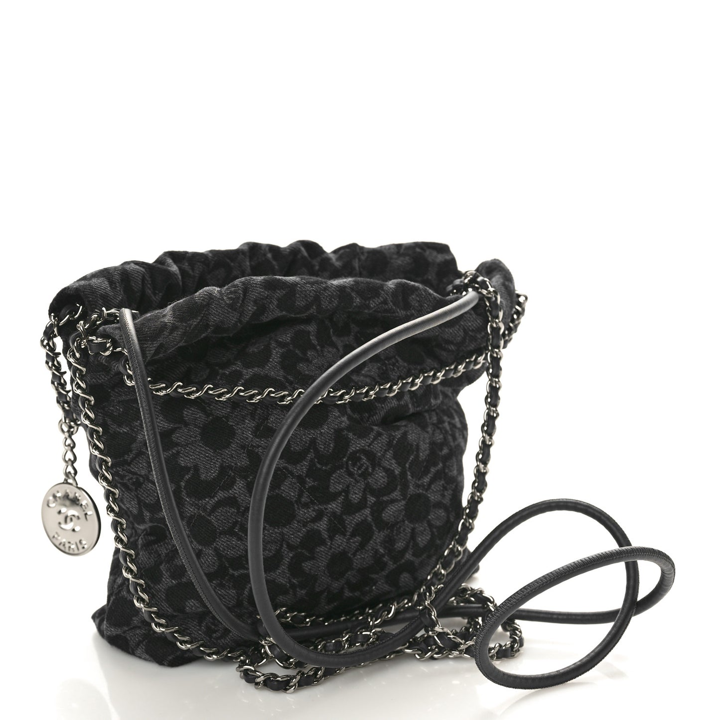 Denim Quilted Floral Print Mini Chanel 22 Black Grey