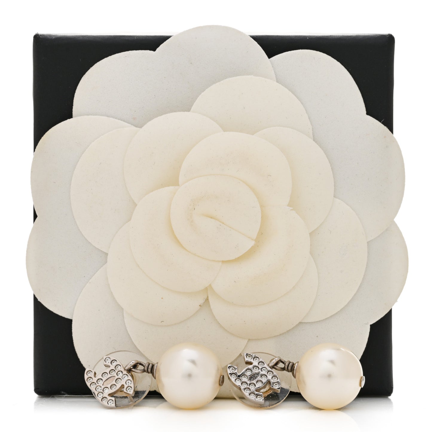 Crystal Pearl CC Drop Earrings Silver Pearly White