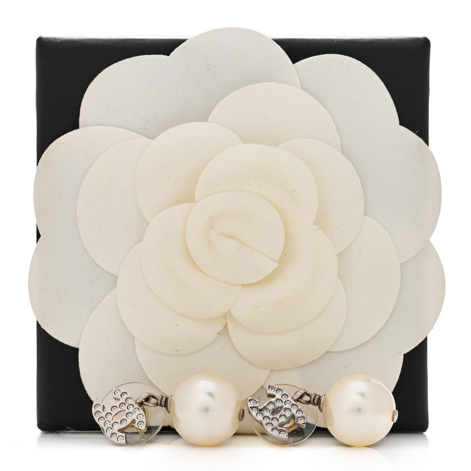 Chanel Crystal Pearl CC Drop Earrings Silver Pearly White 5 of 5