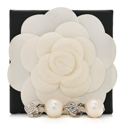 Chanel Crystal Pearl CC Drop Earrings Silver Pearly White 5 of 5