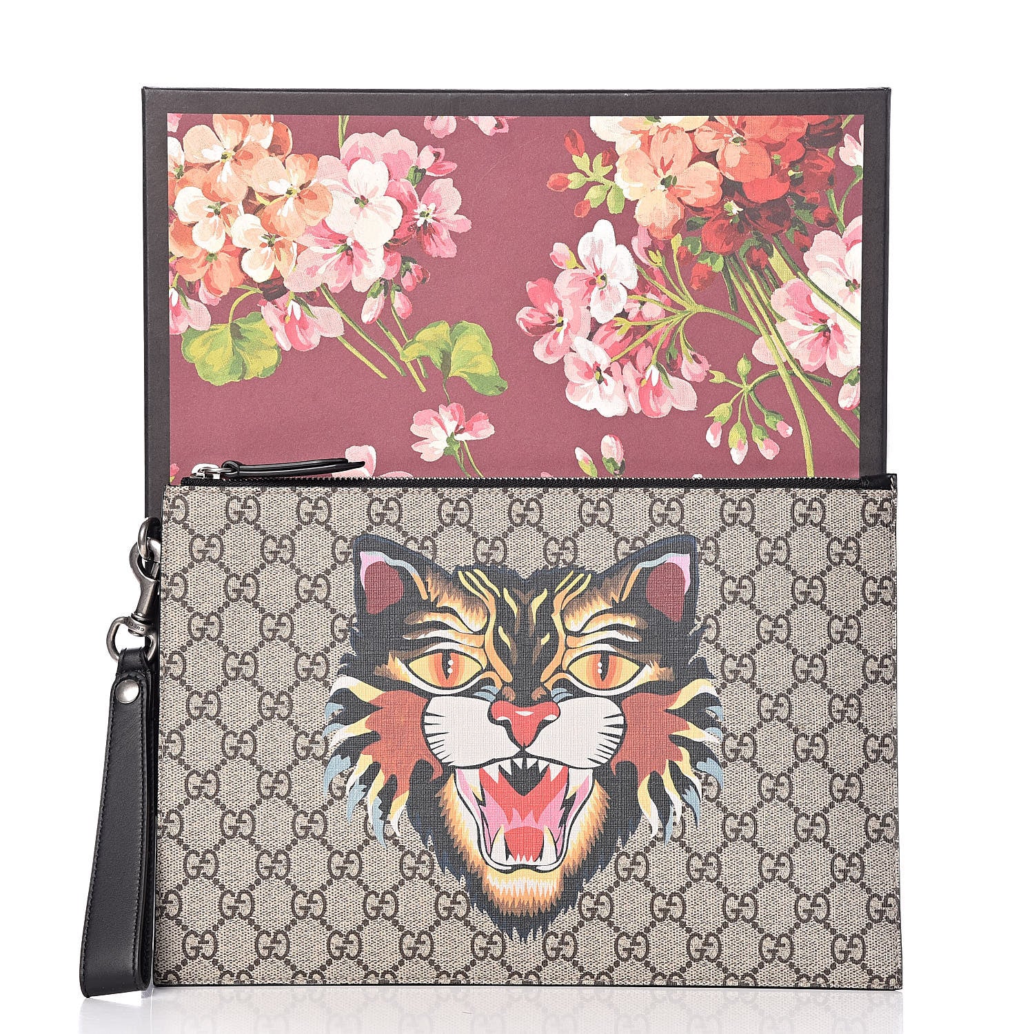 Gucci GG Supreme Monogram Angry Cat Zip Wristlet Pouch Beige 8 of 8