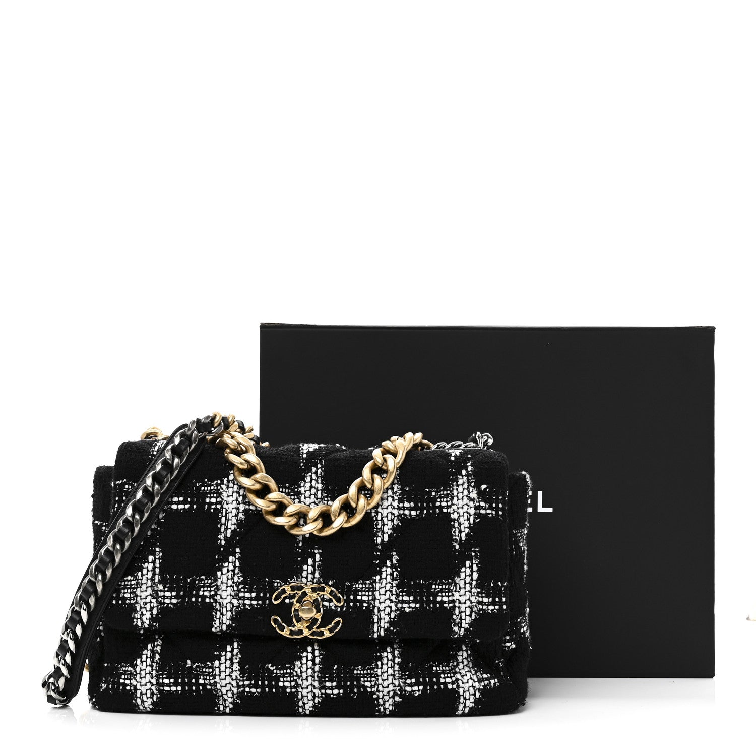 Chanel Tweed Quilted Large Chanel 19 Flap Black White 11 of 11